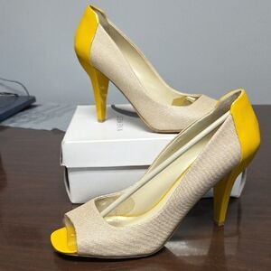 Nine West Yellow and Cream Peep-Toe Heels